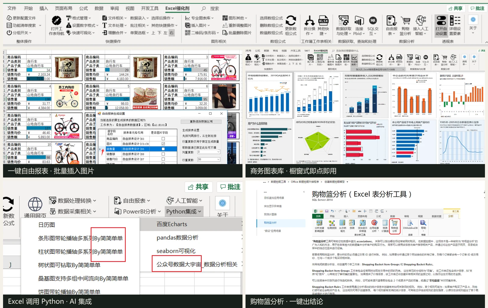 Excel 催化剂功能区全景：整体操作、快捷操作、图形相关、数组公式、数据获取与处理、数据分析等分组，以及自由报表、商务图表库、调用 Python、购物篮分析功能实拍