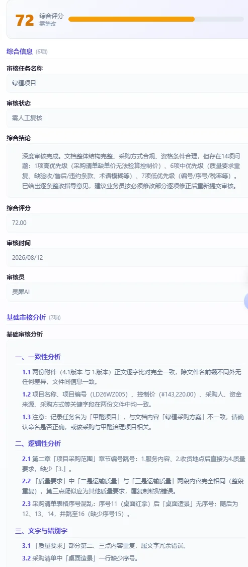 AI采购文件审核系统：29维审核评分与整改指导工具 截图 2